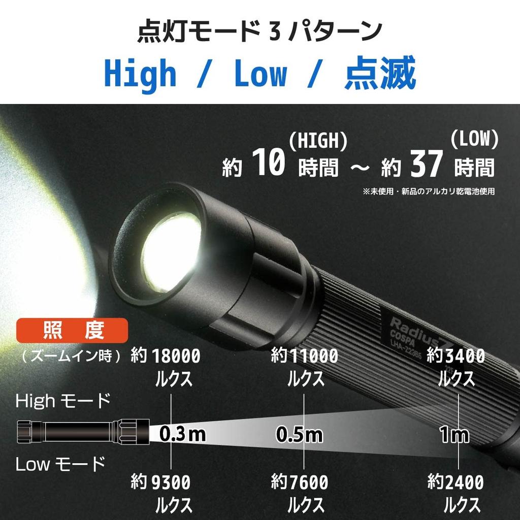 OHM Electric Radius Z 230 Lumens ANSI Compliant LED Zoom Outdoor Handheld Black Flashlight, Waterproof, Flashlight, LHA-Z23B5, 08-1507,