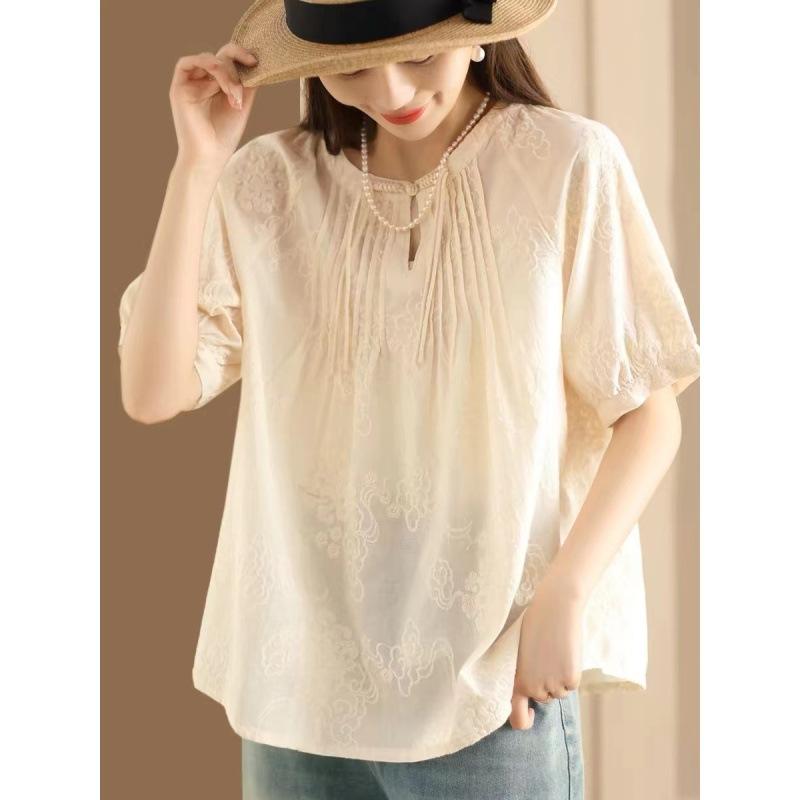 Women's Summer Cotton Linen Lace Embroidered Shirt Short-Sleeved Loose Retro Elegant Sweet Tops