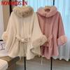 8 Colors Winter Streetwear Women Fake Woolen Big Pendulum Long Poncho Cloak Faux Rabbit Collar Fur Loose Lace Up Oversize Coat