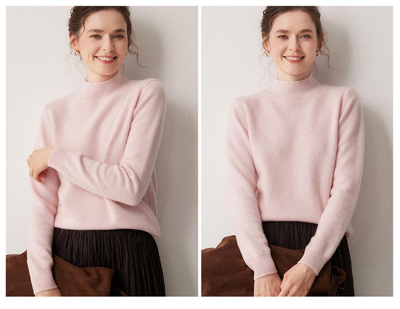 Women's 100% Cashmere Thickened Long Sleeve Sweater - Half-High Neck, Versatile Knit Base Layer for Autumn/Winter