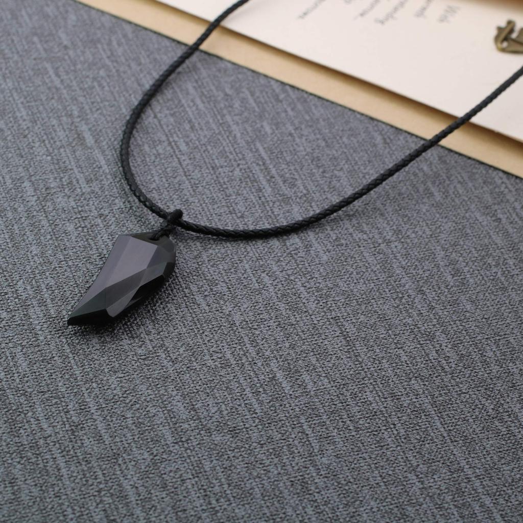 Obsidian Wolf Fang Amulet Good Luck Pendant Necklace Leather Chain [Coai] Men's