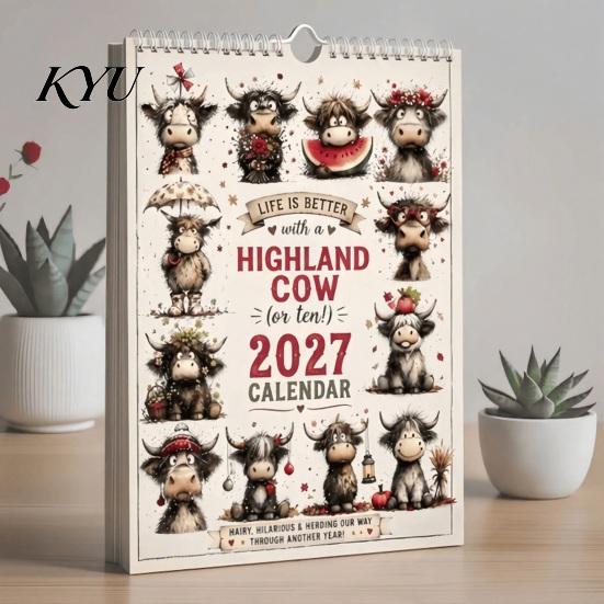 Office Wall Decor Highland Cow Calendar 2027, Cute Hanging Planner for Home Appointment Reminder Book Office, Rustic Farmhouse Desk Decor, Unique