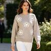 Womens Floral Embroidered Crew Neck Knit Sweater Winter Casual Elegant Top