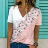 Летний топ с V-образным вырезом, 3D-цветком, цветным блоком и принтом, модные повседневные женские футболки с коротким рукавом