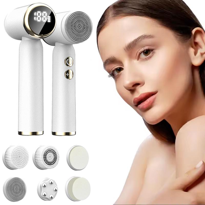 6 In 1 Electric Facial Cleansing Brush 360° Rotation Hot Cold Compress Ultrasonic Skin Scrubber IPX6 Waterproof LED Display