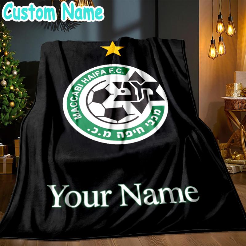Custom Name Maccabi Football Crest Throw Blanket - Perfect for Couch, Bed, Office, and outdoor Travel - Ideal Gift for Christmas & Holidays