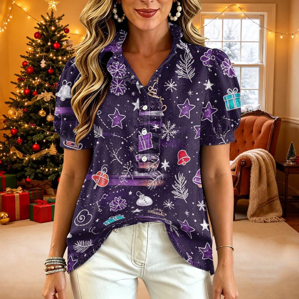 Женская рождественская блузка с V-образным вырезом, короткими рукавами, на пуговицах и отделкой рюшами