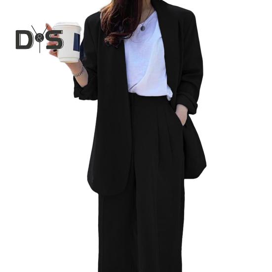 Женский комплект из 2 предметов: пальто и брюки, длинный рукав, ажурный кардиган, куртка средней длины, свободные прямые широкие брюки с высокой талией, формальные деловые брюки