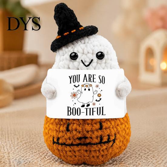 Whimsical Witch Hat Pumpkin Doll Hand Knitted Halloween Ghost Ornament, Crochet Plush with Soft Cotton Yarn Healing Companion Encouragement Card, Cute