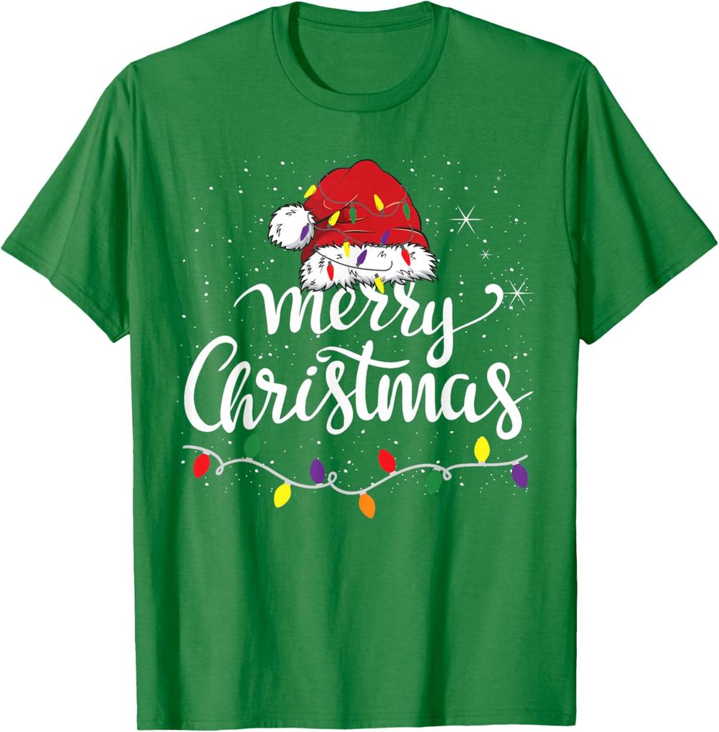 Merry Christmas Lights Red Santa Hat Xmas Family TShirt 100 Cotton ONeck Short Sleeve Summer Casual Unisexs Tshirt Streetwear