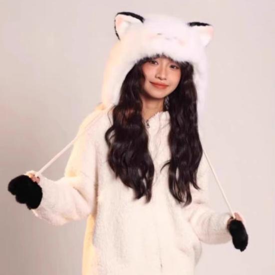 Women Hat Knitted Windproof Warm Winter Lei Feng Hat Cartoon Cat Shape Elastic Solid Color Thermal Cap
