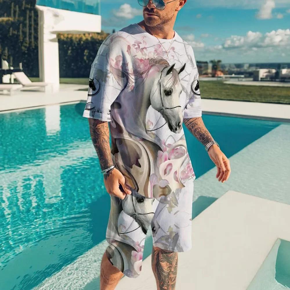 Мужская летняя уличная одежда с принтом радужной лошади и букв 3D, футболка с коротким рукавом и шорты, комплект из 2 предметов, повседневный спортивный костюм, мужская одежда