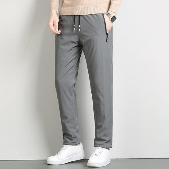 Winter Men Pants Thick Fleece Drawstring Elastic Waist Heat Retention Zipper Pockets Solid Color Warm Sport Travel Work Trousers