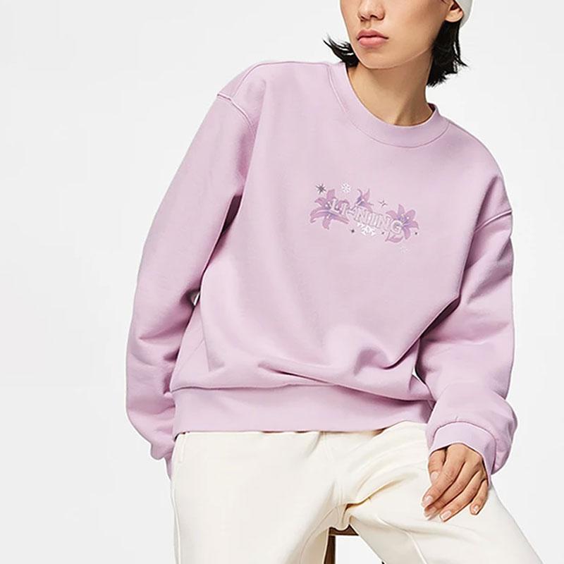 Li Ning Sports Lifestyle Series Letter Print Флисовый теплый свободный пуловер Толстовка Женская толстовка Lotus-Pink Purple AWDT816-5