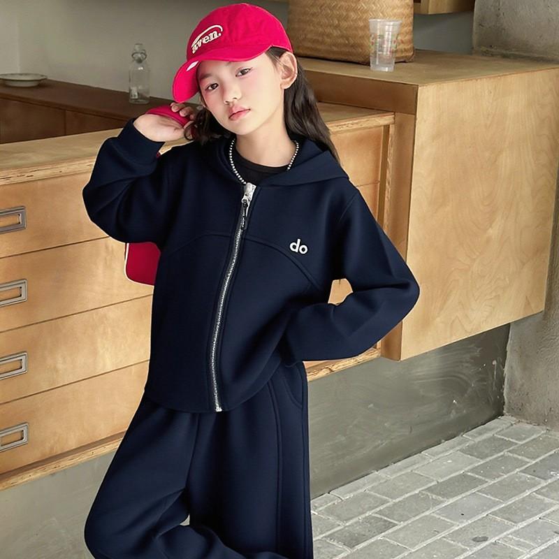 Girls 2026 Casual Zip Cardigan Set Kids Fashion Outerwear Wide Leg Pants 2-Piece