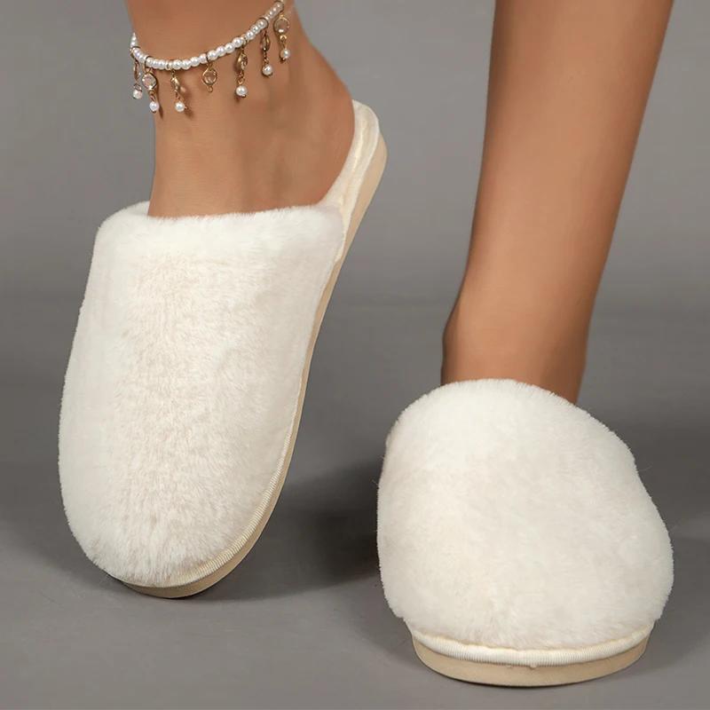 2024 Soft Sole Home Plush Slippers Autumn Winter Indoor Anti-slip Cotton Slides White Furry Bedroom Flip Flops Plus Size 42-43