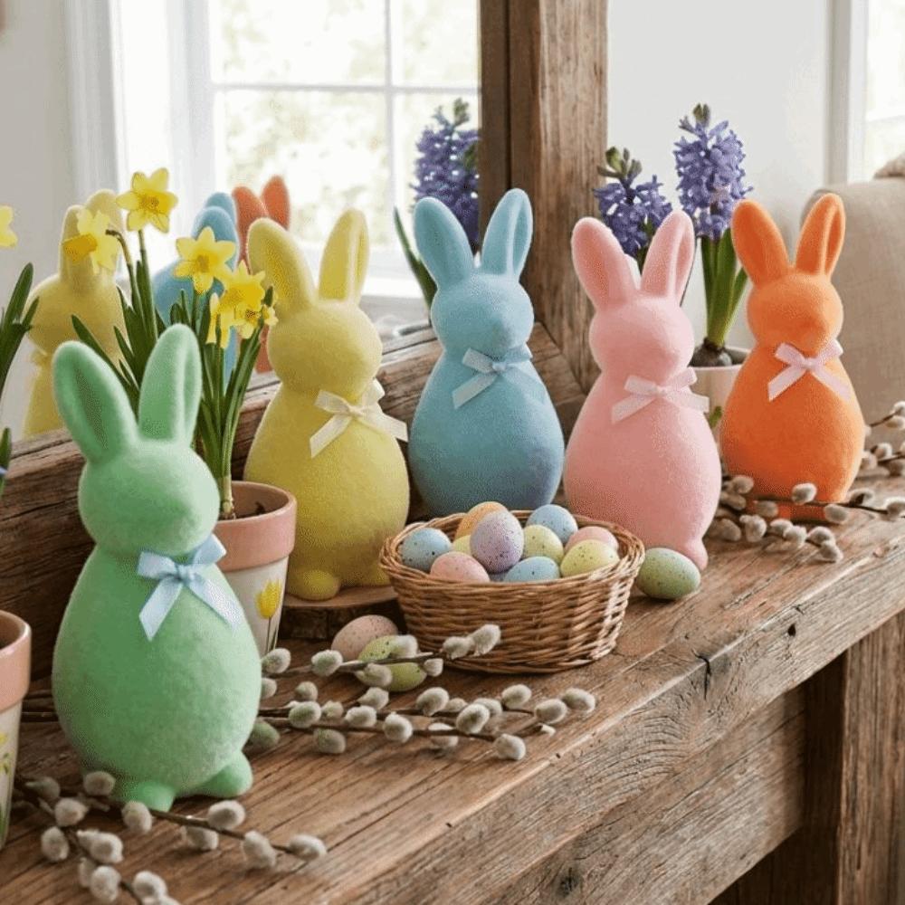 Plush Easter Bunny Statue with Bow Rabbit Gnome Doll Easter Holiday Bunny Sculpture Indoor Table