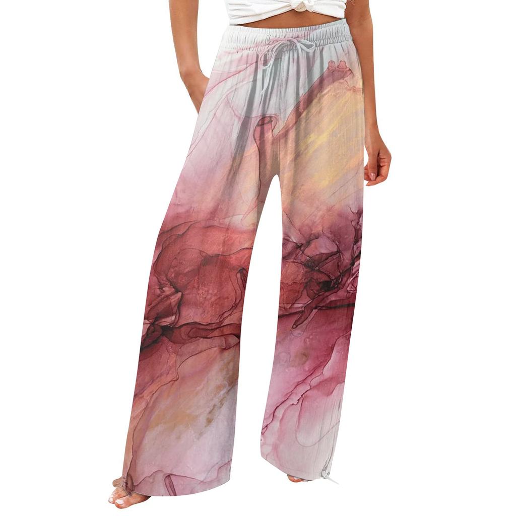 Брюки для женщин. Летние струящиеся брюки с высокой талией и широкими штанинами с принтом. Повседневные брюки.