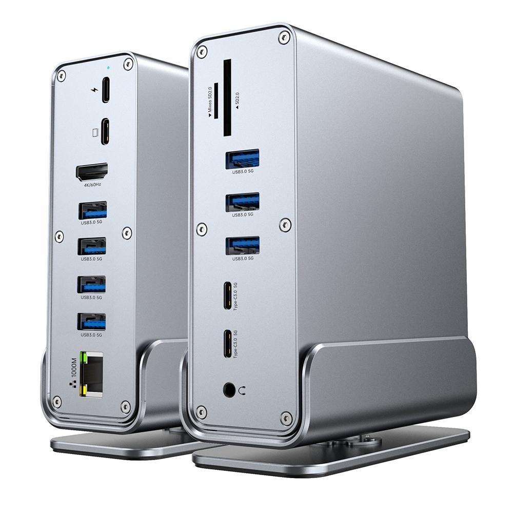 USB-C хаб 15-в-1 для трех мониторов 4K@60Hz, DP хаб с USB 3.2 10 Гбит/с, RJ45 Gigabit, PD 100 Вт, SD/TF и 3,5 мм аудио для ноутбуков