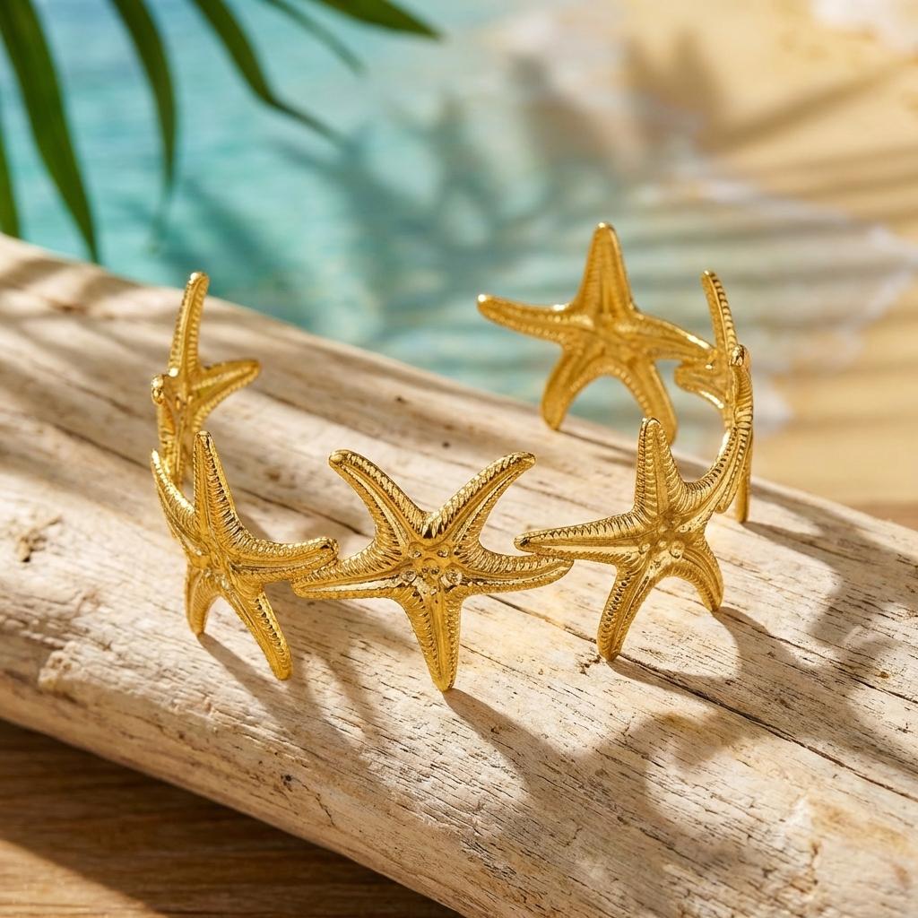 Hammered Stainless Steel Starfish Bangle For Women Marine Series Textured Metal Bracelet Non-Tarnish Jewelry