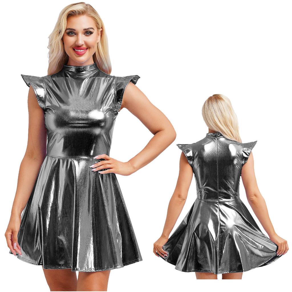 Women's Halloween Party Dress - Shiny Metallic A-line with Mock Neck & Cap Sleeves Fashion Bar Club Wear