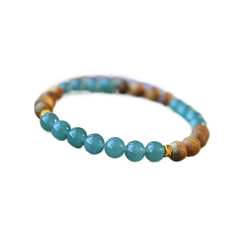 HD Natural Yellow Qinan Agarwood & Blue Jade Beads Bracelet - Round Wooden Cultural S925 Jewelry