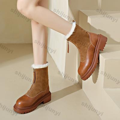 Винтажные теплые ботильоны из толстой подошвы из искусственной кожи для женщин, зимние нескользящие ботинки, женская платформа, плюшевая шнуровка, хлопковая обувь