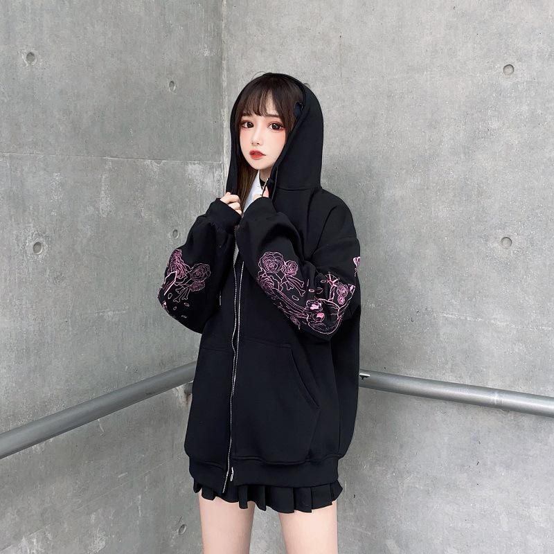 Retro Black Printed Zipper Hoodie: Women's Korean, European, & American Style Sweatshirt