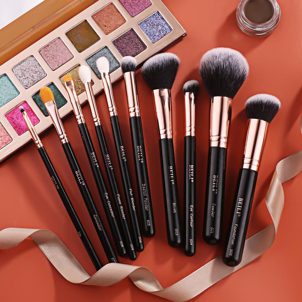 BEILI 10 шт., набор кистей для макияжа розового золота, профессиональные инструменты для макияжа, пудра, тени для век, подводка для глаз, косметические наборы кистей