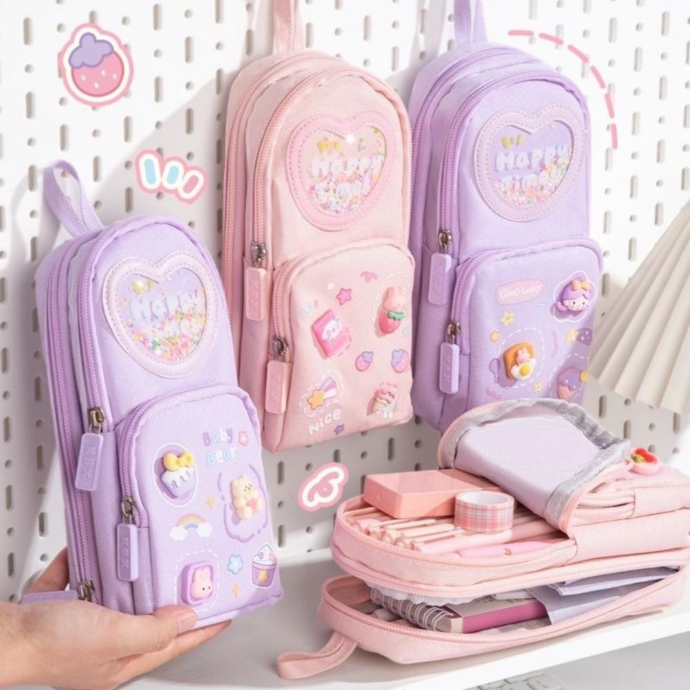 Cute 3 Layers Pencil Case 6 Pockets Organizer Storage Bag Stationery Bag Cartoon Pen Box Girls