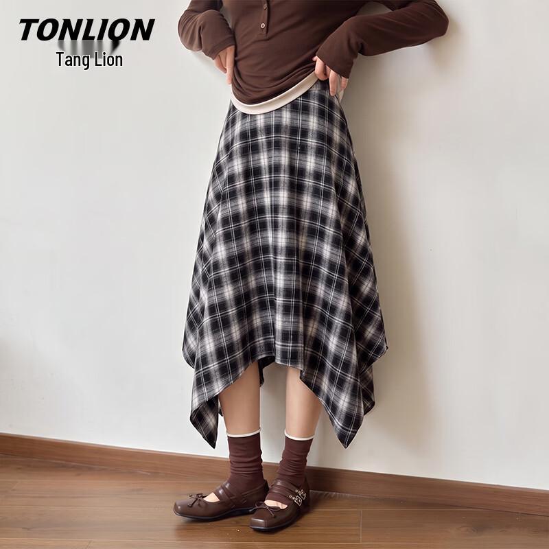 TonLion Women's High-Waist Asymmetric Plaid A-Line Skirt