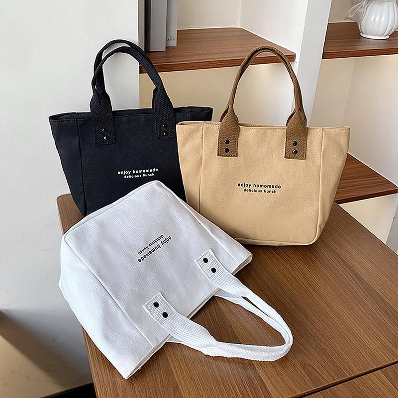 Solid Color Women Tote Bags Portable Reusable Canvas Shopping Bag Large Capacity Lunch Bags