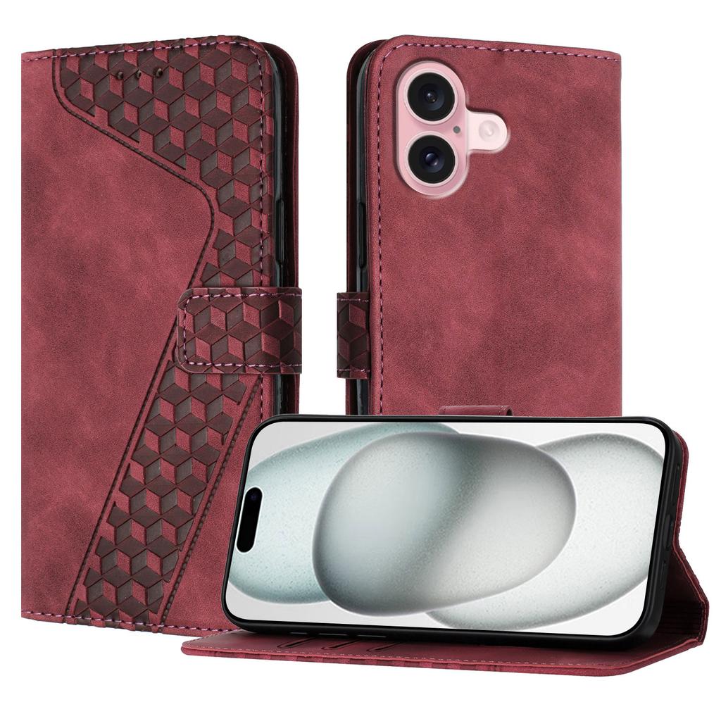 For iPhone 16 Leather Case 7-Shaped Pattern Wallet Stand Shockproof Phone Cover