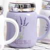 Lavender Cartoon Ceramic Water Mug with Cover,Mirror Seal Leakproof Mug Fashion Cup Milk Juice Cup Home Office Drinkware 500ml