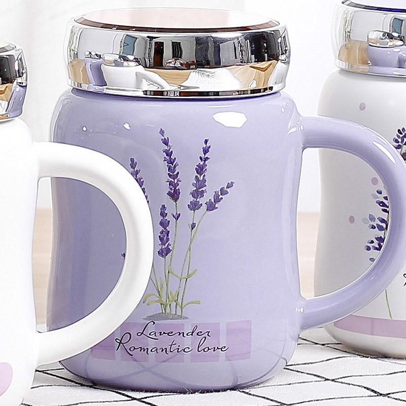 Lavender Cartoon Ceramic Water Mug with Cover,Mirror Seal Leakproof Mug Fashion Cup Milk Juice Cup Home Office Drinkware 500ml