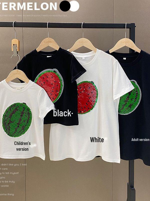 Double-Sided Flip Sequin Family T-Shirts: Matching Mother-Daughter Watermelon Patterns, Summer 2025 Collection.