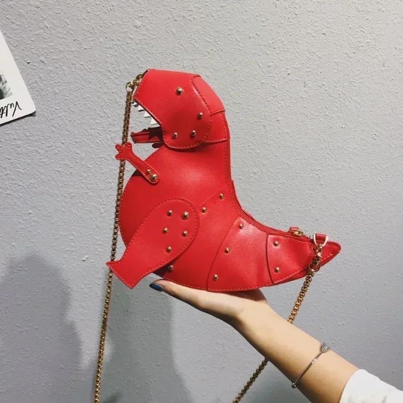 Трендовая мода 3D дизайн динозавра с заклепками из искусственной кожи для девочек, кошелек на цепочке, сумка через плечо, женская мини-сумка через плечо с клапаном