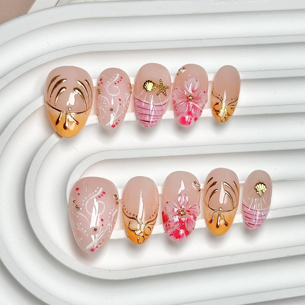Women Bohemian‑Style Press‑On Nails Handcrafted 3D Floral French Premium False Nail Tips