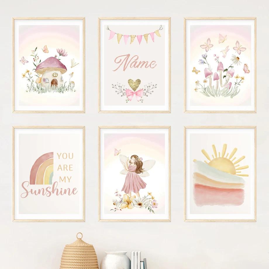 Butterfly Fairy Unicorn Rainbow Flower Custom Name Nursery Wall Art Canvas Painting Poster Print Pictures Baby Kids Room Decor