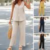 2 Pcs/Set Women Vest Pants Set Sleeveless V Neck Button Decor Wide Leg Straight Loose Solid Color Lady Top Trousers