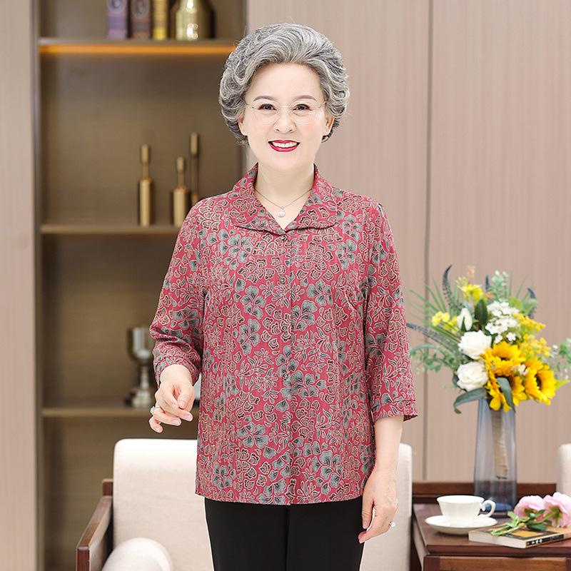 Nine-Sleeve Floral Mulberry Silk Shirt for Women - Elegant Lapel Top for Middle-Aged and Elderly Moms