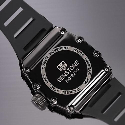 Senstone Men's Retro Punk Skull Tonneau Analog Skeleton Sports Watch with Luminous Rubber Strap and Silicone Band, Black, Casual.