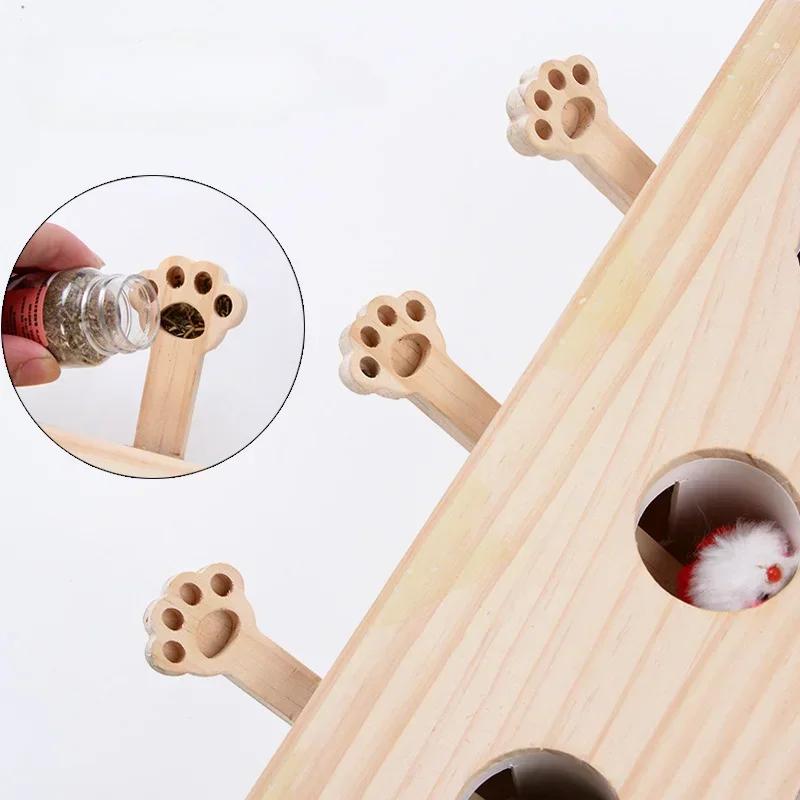 Funny Cat Hunt Puzzle Toy Wooden Maze Pet Hit Hamster Catch Bite Interactive Toys With 5-holed Mouse Holes Cats Toy Pet Supplies