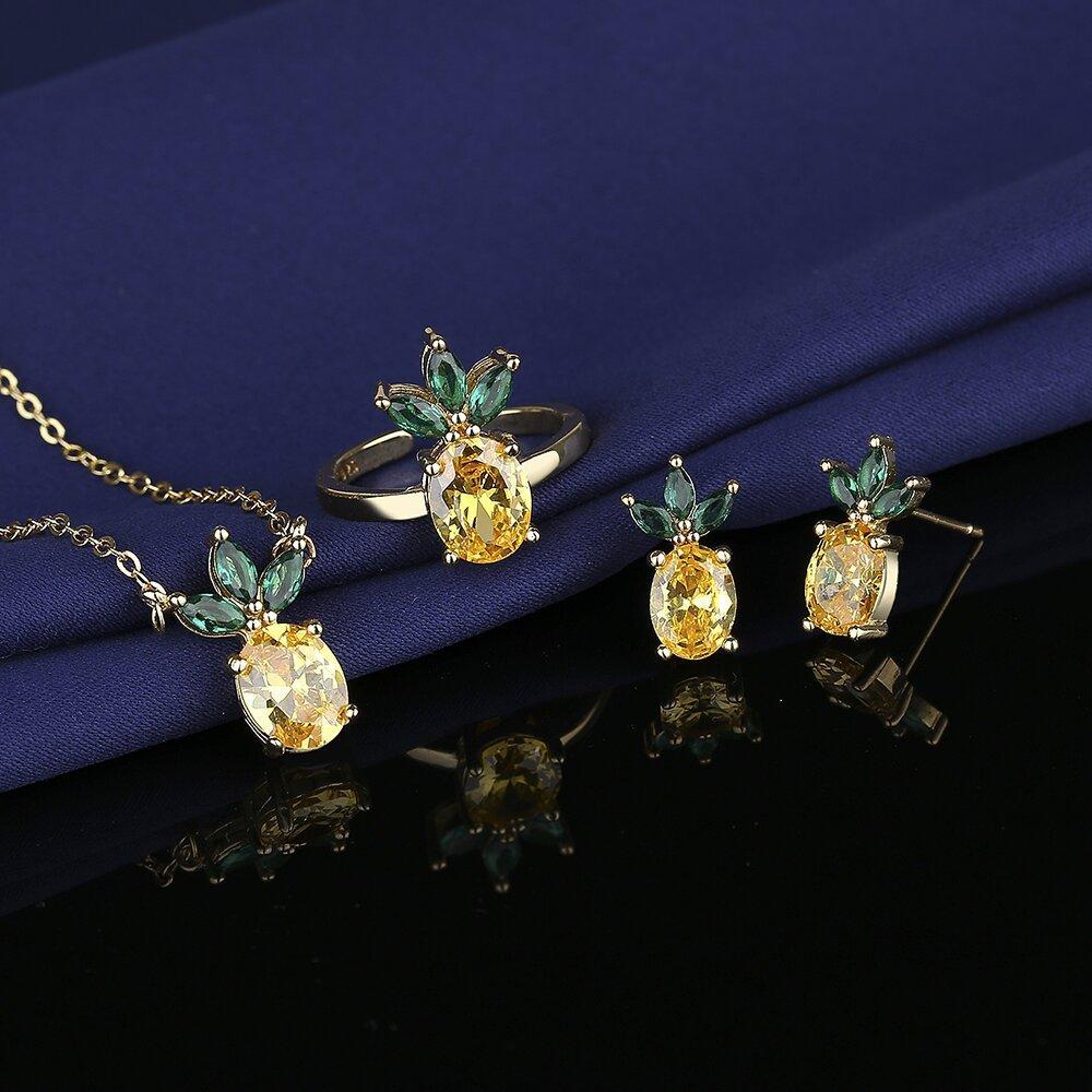 New Three-piece Set High-end Luxury Set, Citrine Pineapple Gold-plated Earrings Necklace Jewelry