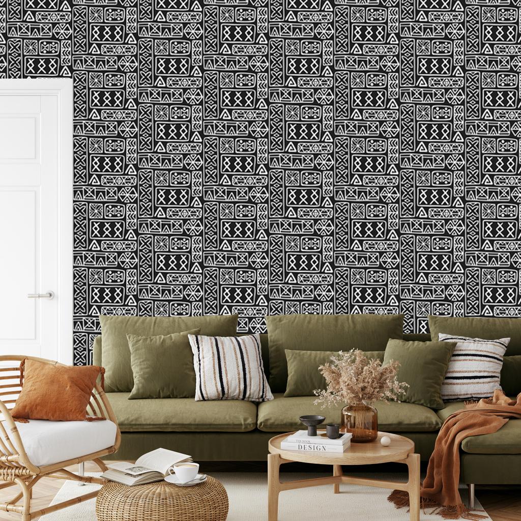 Polynesian Geometric Pattern Graphite Wallpaper 50x1000
