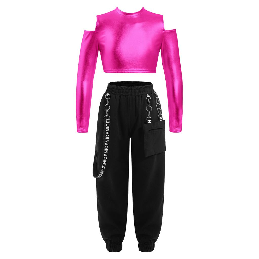 Детский укороченный топ с открытыми плечами и вырезом сзади для девочек, брюки с эластичной резинкой на талии для современного джаза, хип-хопа, танцев