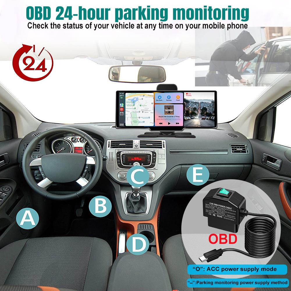 10,26-дюймовый видеорегистратор DVR Car Carplay android auto беспроводной видеорегистратор с двумя объективами BT FM AUX 64G OBD мониторинг парковки