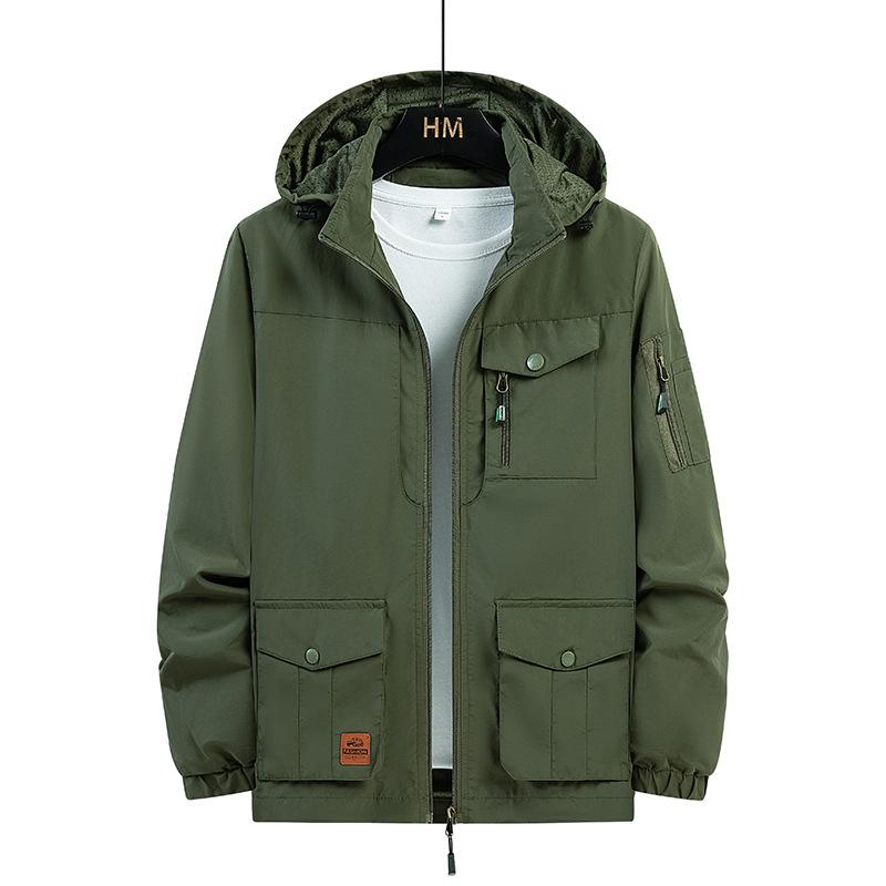Куртка больших размеров, мужская повседневная куртка с капюшоном и множеством карманов, ветрозащитная и водонепроницаемая, тонкая куртка на весну и осень