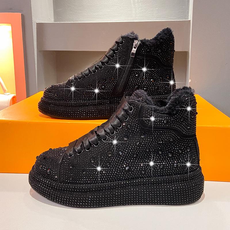 Элегантные сапоги и ботильоны с бриллиантами для женщин, зимние женские сапоги для снега, с круглым носком, с толстой подошвой, теплые, с мерцающей отделкой