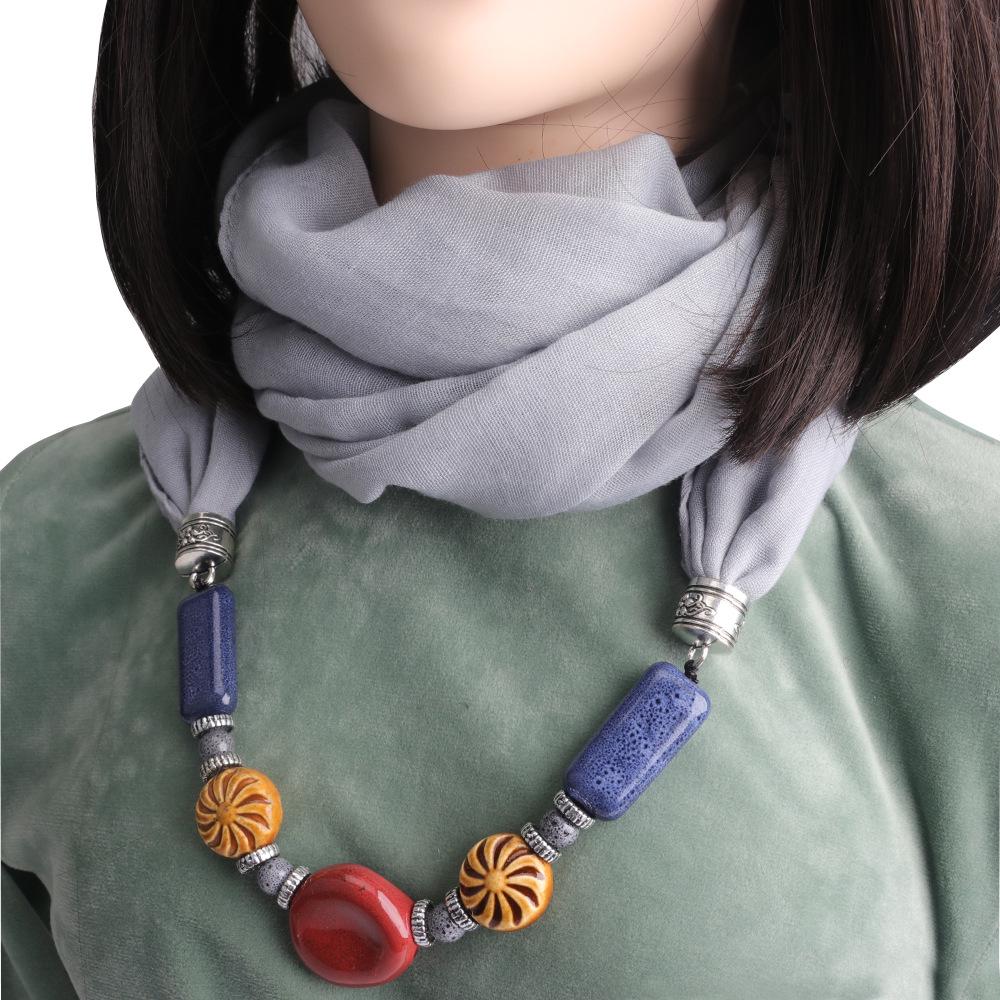 Хлопково-льняной шарф-снуд с подвеской из бусин ручной работы, женский аксессуар 2-в-1 в стиле бохо